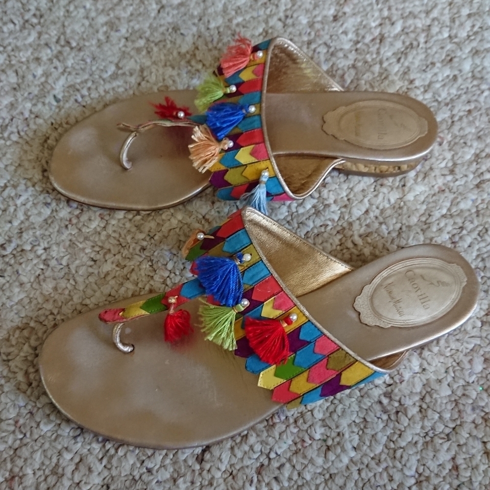 Rene Caovilla leather with Colorful Tassel embellished thong sandals size 6.5